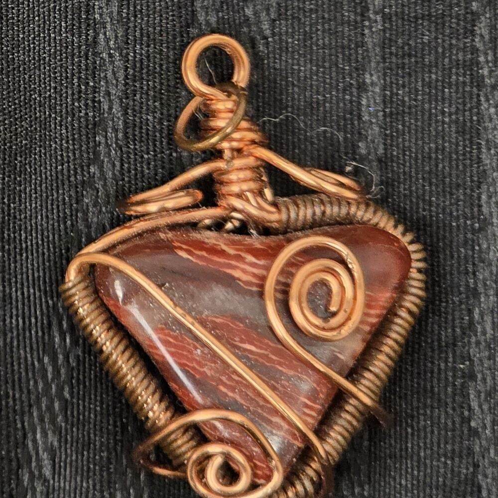 Handmade Wire Wrapped Red Jasper Stone Pendant Copper Tone Boho Jewelry